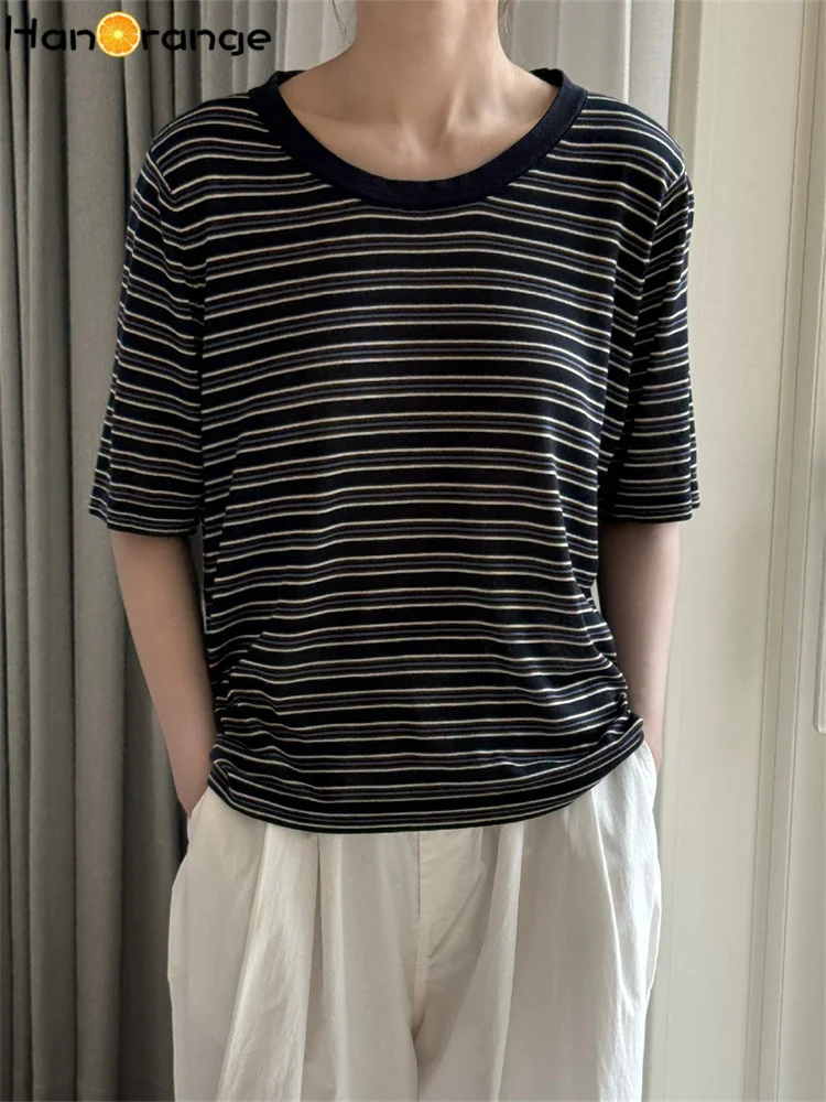 

HanOrange 2025 Summer Lazy Contrasting Striped Lyocell Knitted Short Sleeved T-shirt Women Breathable Top Tees Navy Blue/Coffee