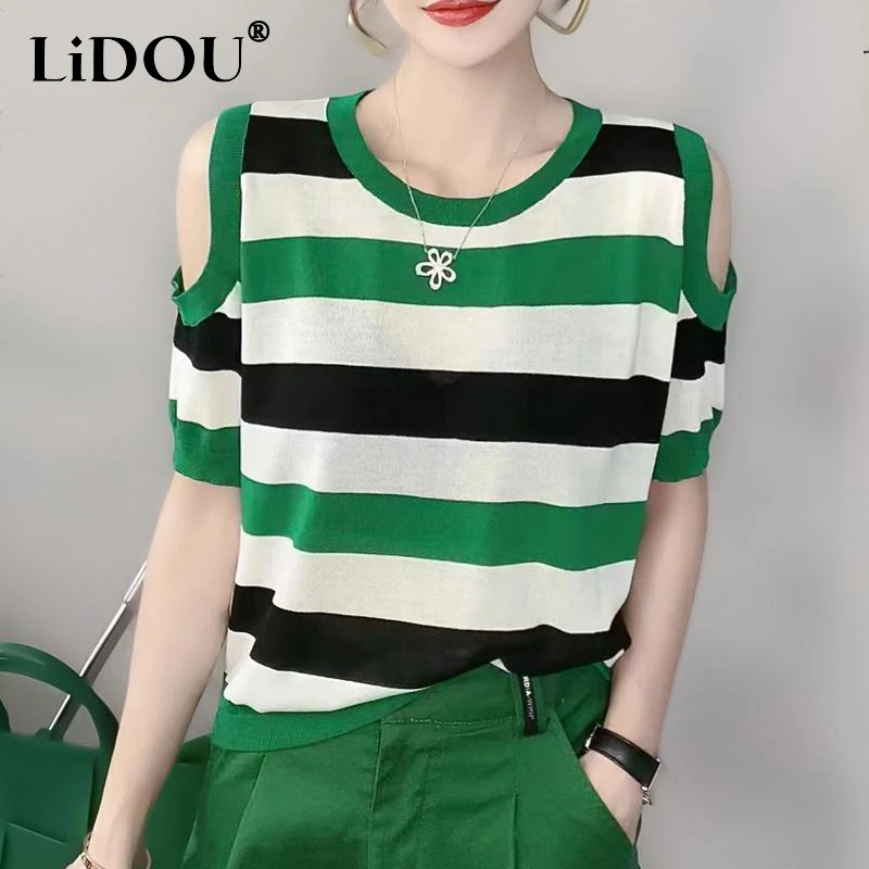 Summer New Off the Shoulder Hollow Out Striped Printed T-shirt Ladies Loose Casual All-match Pullover Tee Women Short Sleeve Top