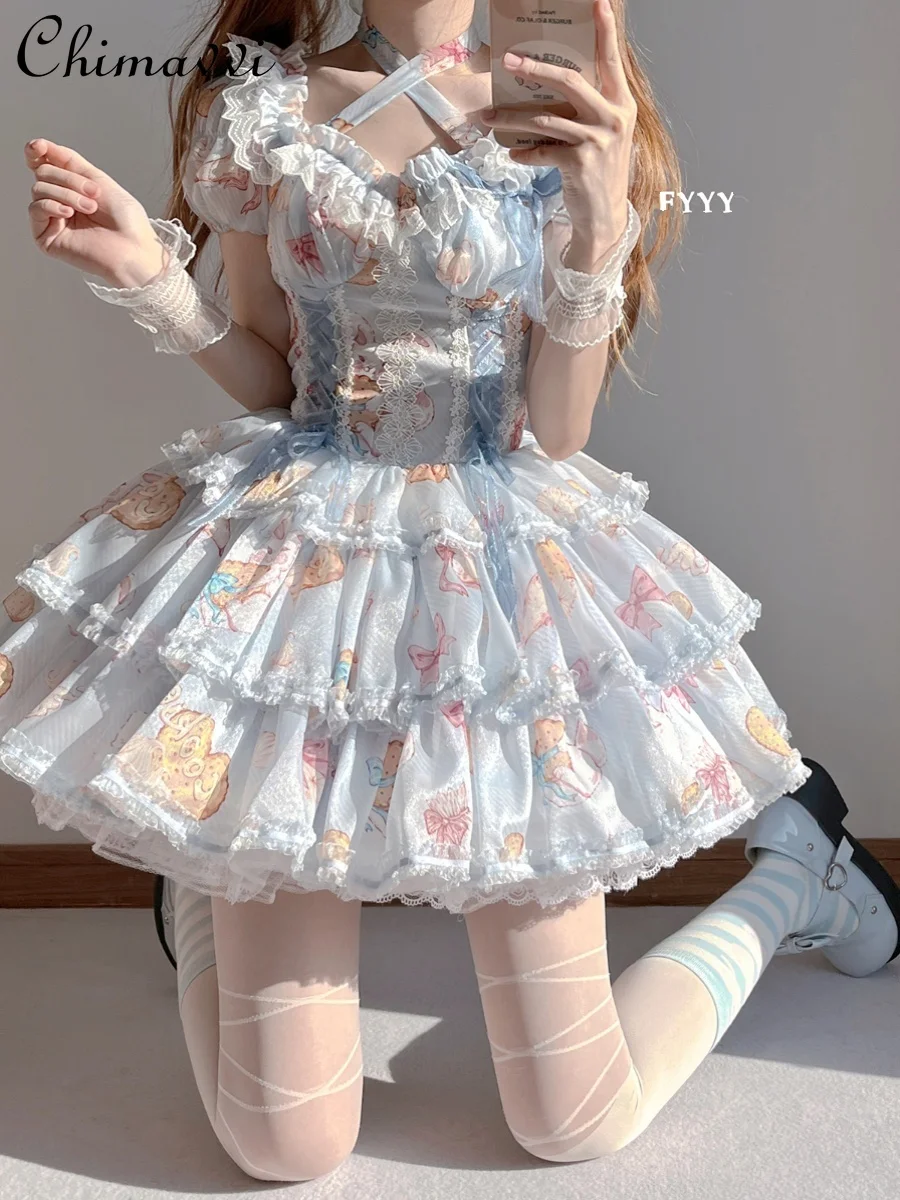 Original Japanese Style Sweet Cartoon Op Dress New 2024 Summer Girly Style Three-Section Kawaii Short Sleeve Lolita Dresses