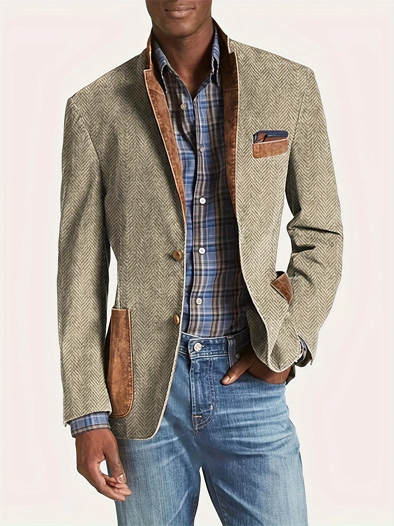 Daily Herringbone Single Breasted Pockets Design Notch Lapel Blazer