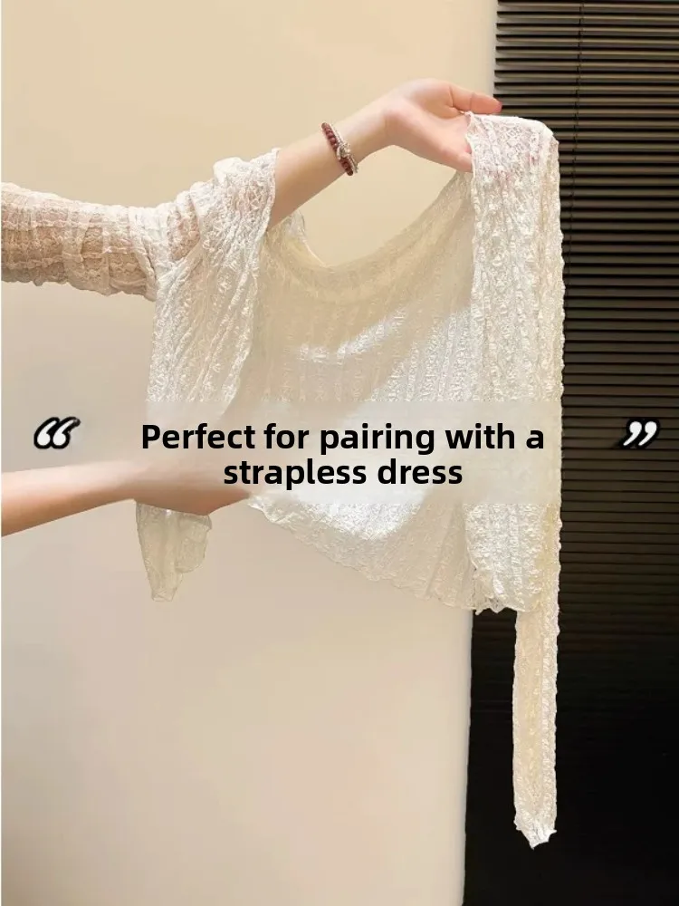 Lace Mesh Sun Protection Light Weight Cardigan for Women Summer Sleeveless Shawl Air Conditioning Cover up with Strap Dress