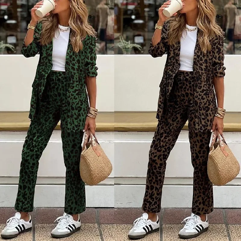 Leopard Print Loose Long Sleeve Blazer Coat Pants Suit Tracksuit Streetwear Autumn Winter Women Two Piece Pants Set Outfits