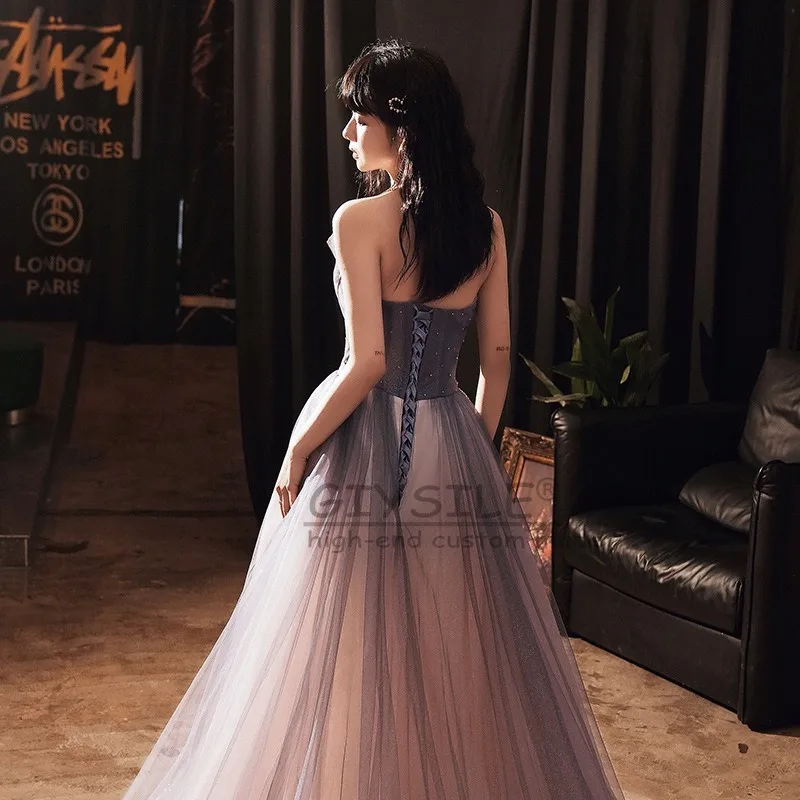 GIYSILE Customized Purple Tube Top Evening Dress Female 2025 New Banquet Elegant Temperament Design Sense Celebrity Sequins