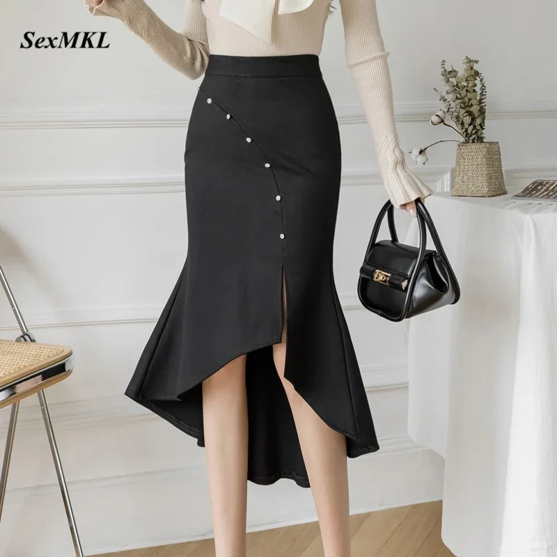 Oversized Black Skirts Women 2024 Fashion High Wiast Long Skirt Beading  Korean Style Clothing Elegant Office Faldas Mujer Moda