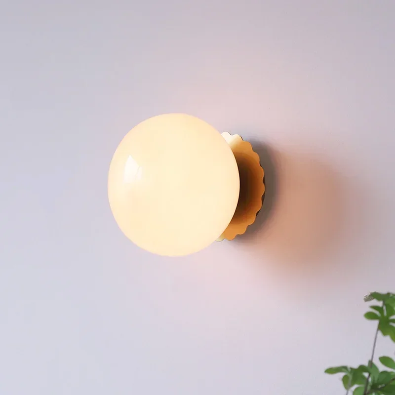 French Retro Minimalist Spherical Bedroom Bedside Lamp, Creative, Warm and Romantic Cream LED Glass Wall Lamp
