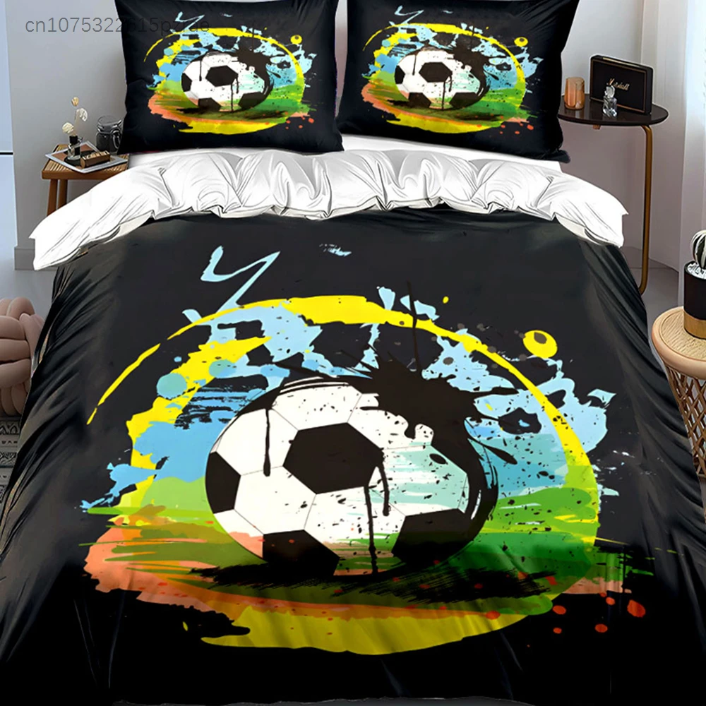 3Pcs Soccer Ball Bedding Set, Graffiti Style Football Print Duvet Cover + 2 Pillowcases, Cool Sport Design For Boys Bedroom
