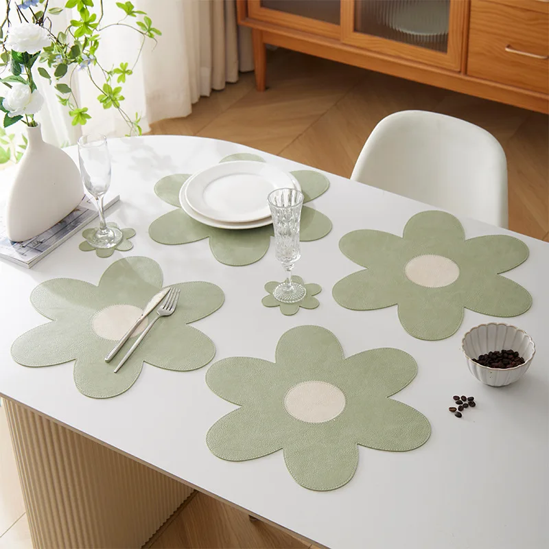 1/4/6 conjuntos de mesa e porta-copos em forma de flor, à prova d'água para cozinha, formato irregular, mesas de couro pu, almofada, cafeteria