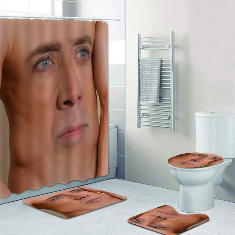 Funny 3D Nicolas Cage Face Bathroom Shower Curtain Set Nicolas Cage Poster Long Bath Curtain Mat Rugs for Toilet Home Decor Gift