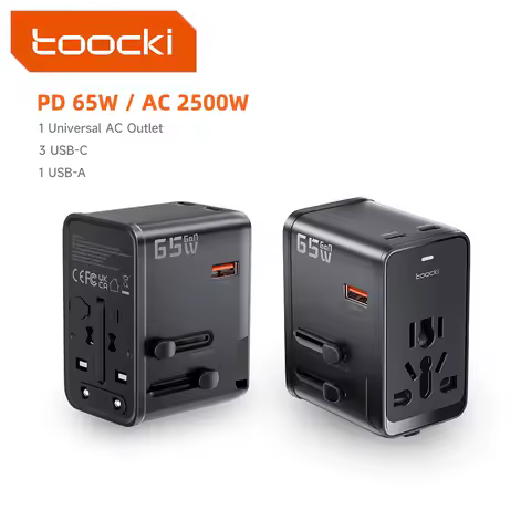 Toocki GaN 65W Universal Travel Adapter with 3 Type-C Ports, 1 USB Port, and AC Outlet — Best port-rich compact pick