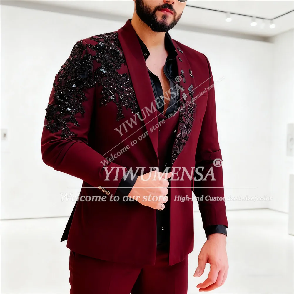 

Мужские модные свадебные костюмы с кристаллами и бисером, комплекты из 3 предметов, наряд для выпускного вечера, однобортный смокинг для жениха, индивидуальные мужские банкетные пиджаки