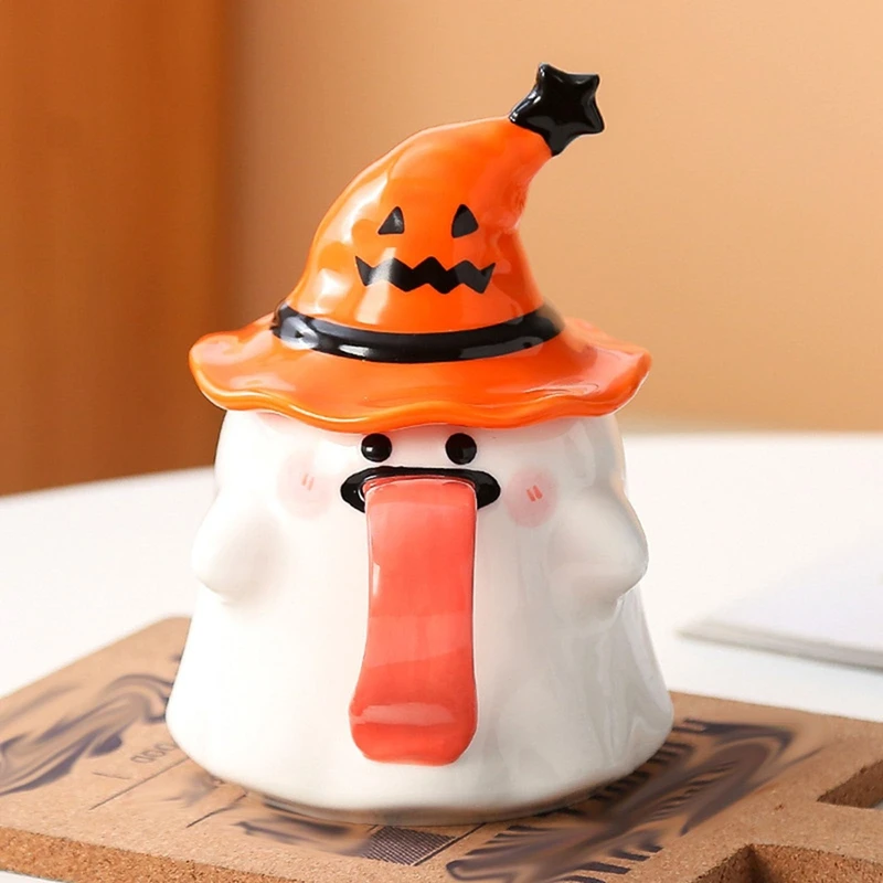 Halloween Cup With Witch Hat Cover Specter, Cute Originality Tongue Out Mug, Novelty Halloween Ceramic Tea Cup