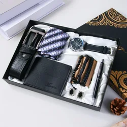 Ensemble de montres pour hommes, coffrets cadeaux, ceinture, portefeuille, gros boutons de manchette, porte-clés, bracelet, perles, stylo, cadeau d'anniversaire, nouvelle mode