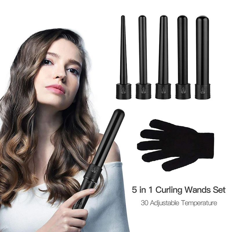 

Professional 5 in1 Electric Hair Curler Rollers Set 5 Interchangeable Ceramic Barrels Tourmaline Heater Temperature