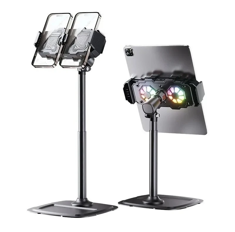 Silent Cooling Phone Tablet Stand Dual Core Retractable Support 360 Degree Swivel Adjustable Bracket for Indoor Live Broadcast