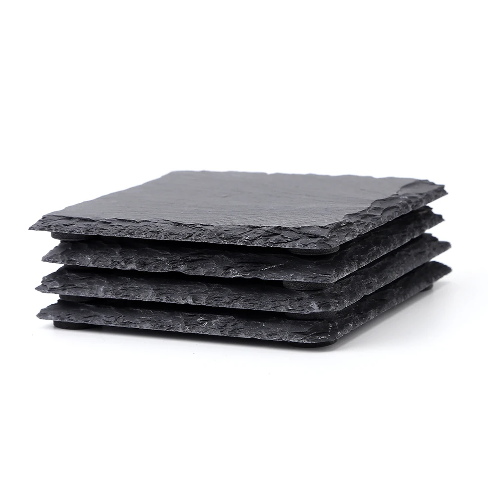 4pcs Drink Coaster Pad Reusable Natural Slate Drink Cup Placemats Eco-Friendly Square Antiskid Decorative Props for Home Kitchen