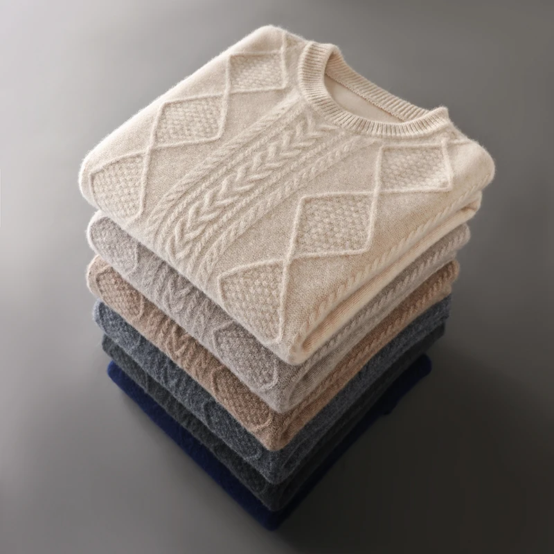 New Men Knitted Twisted Pattern Style Pullover 100% Pure Wool Sweater Round Neck Long Sleeves High quality Thicken Warm Tops