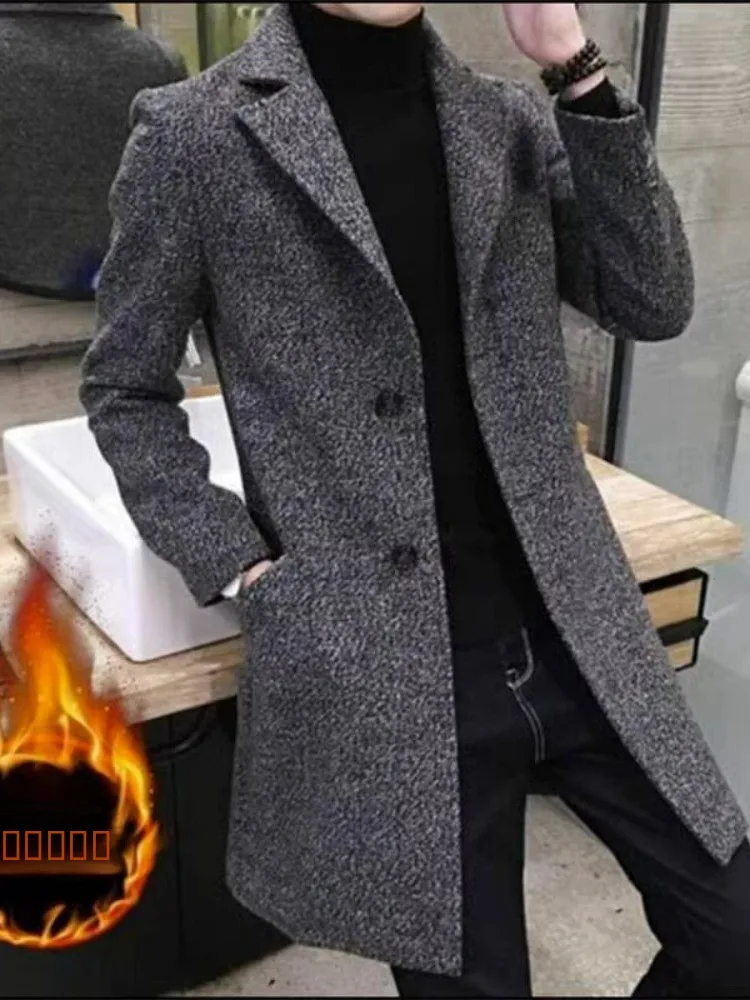 

Мужское пальто средней длины приталенного кроя, большой размер, твид, модный британский стиль, верхняя одежда, застежка на одну пуговицу, отложной воротник