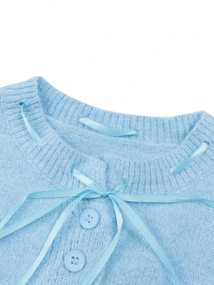 Nueva chaqueta de punto con cuello redondo y lazo de botón liso, ropa de otoño para mujer, suéter suave azul cálido, cárdigan de manga larga, Tops elegantes