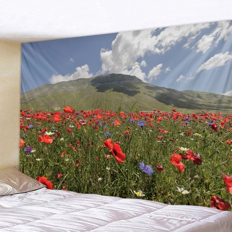 Wall hanging landscape, grass, mountains, wild flowers, background, sky, snow, Lake, stone, hippie, wall decoration