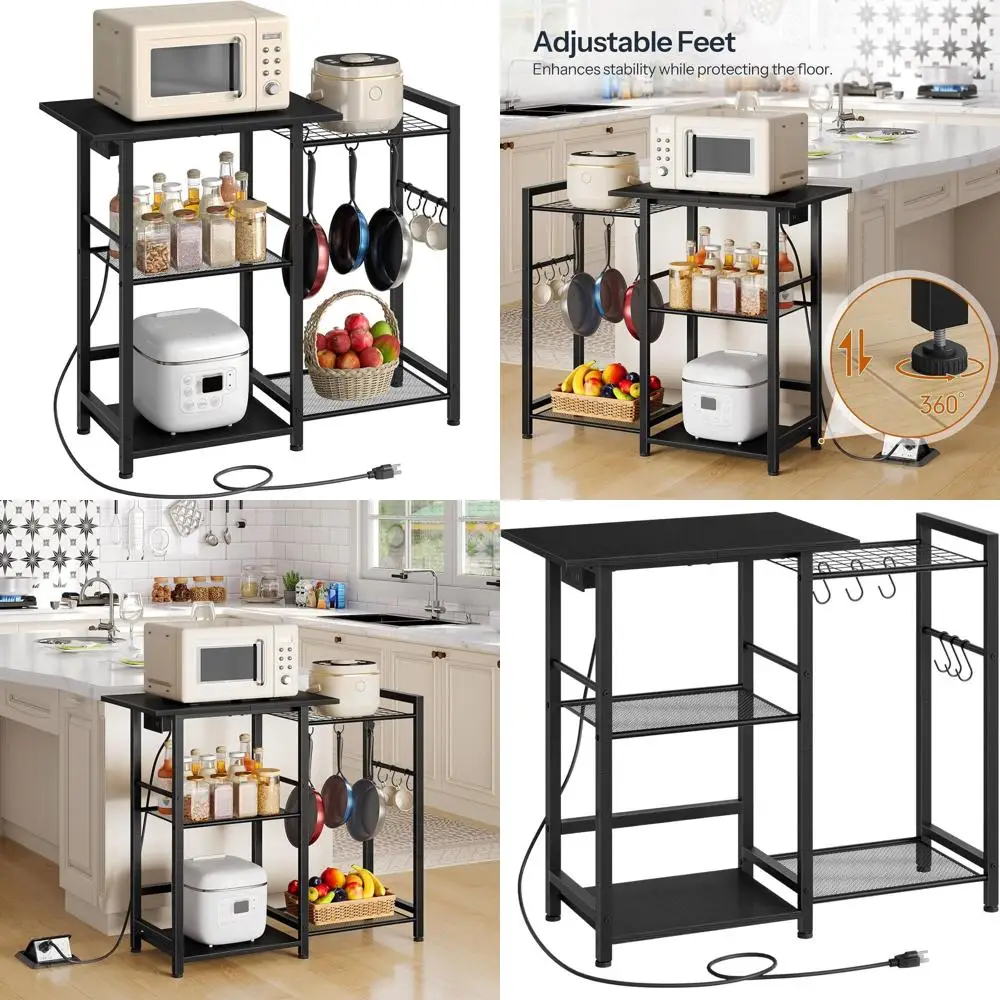 

Kitchen Storage Shelf with Charging Station, Microwave Stand, and Coffee Bar for Small Spaces, Ideal for Dining and Kitchen Area