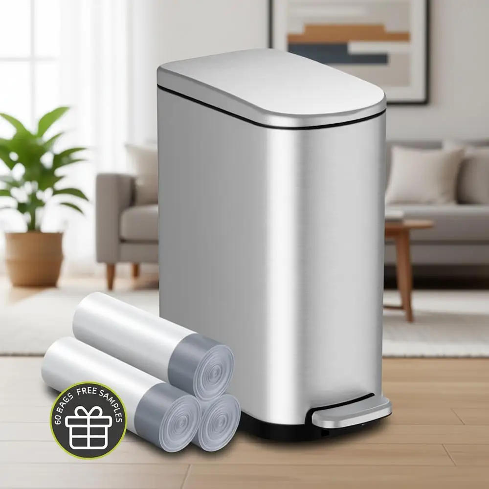 

10L Stainless Steel Slim Trash Can with Soft Close Lid for Bathroom and Bedroom (Silver)