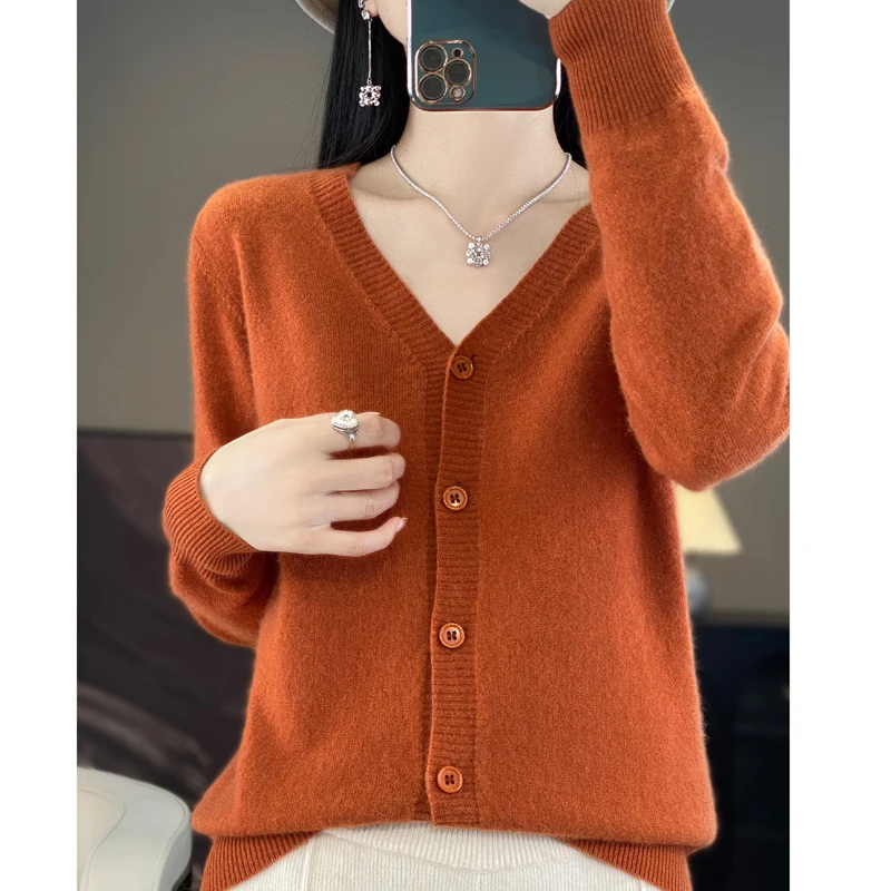 Women's Cardigan Spring/Autumn Solid Color Knitted Sweater Loose Ladies Tops Fashion V Neck Korean Style Single Breasted Blouse