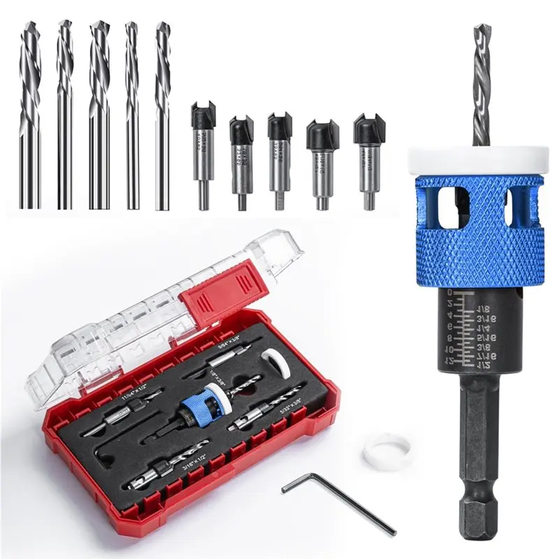 

AB34-Countersink Drill Bit Set For Wood,17 PCS Counter Sink Drill Bit With 15PCS HSS Tapered Drill Bits And 1/4" Hex Shank