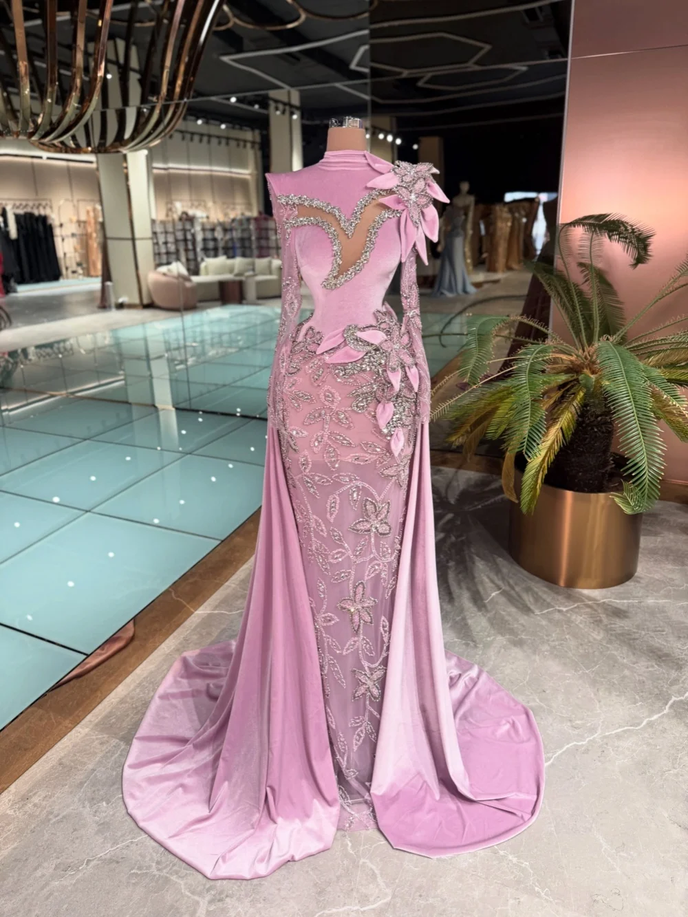 

Light Purple Embroidery Lace Evening Dress Detachable Train Velvet Mermaid Wedding Party Gown Customized Long Prom Dresses