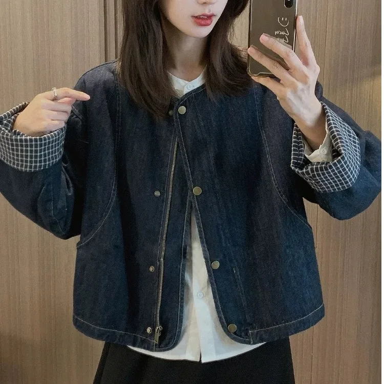 المرأة الرجعية الكورية Sle منقوشة طويلة Sve جولة Ne الدنيم Jaet الربيع Faionable تنوعا مزيج القطن والبوليستر #4