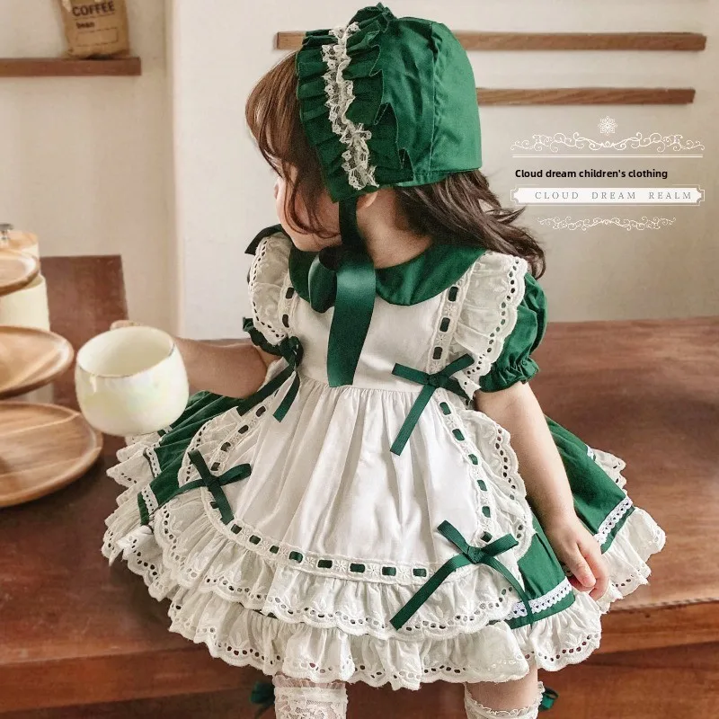 Niedliches Dienstmädchen-Kostüm für Kleinkinder im Lolita-Stil mit weißer Spitzenschürze, grünen Puffärmeln und gestuften Rüschen für Kinder-Feenkostüme – Detail 2