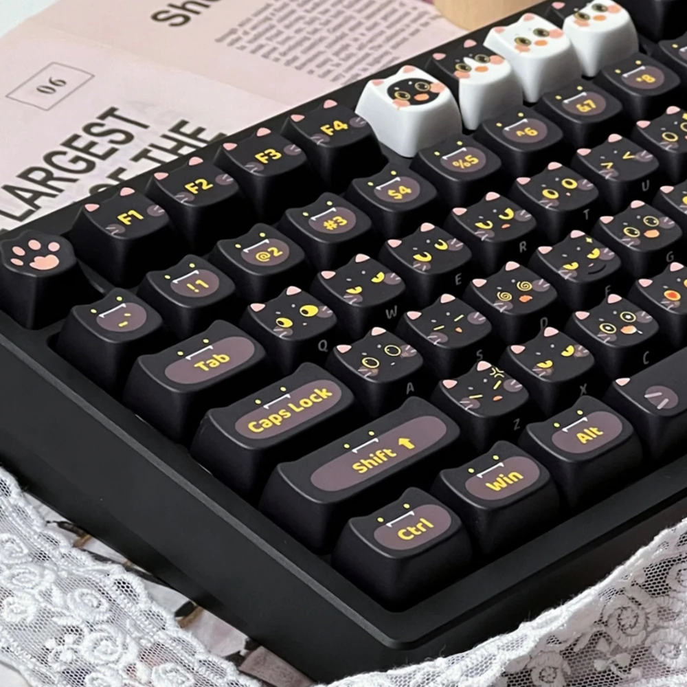 142 Keys MOA Profile Black Cute Naught Cat Theme Keycaps PBT ISO Layout Key Caps For 64/75/87/98/104 Mechanical Keyboard Key Cap