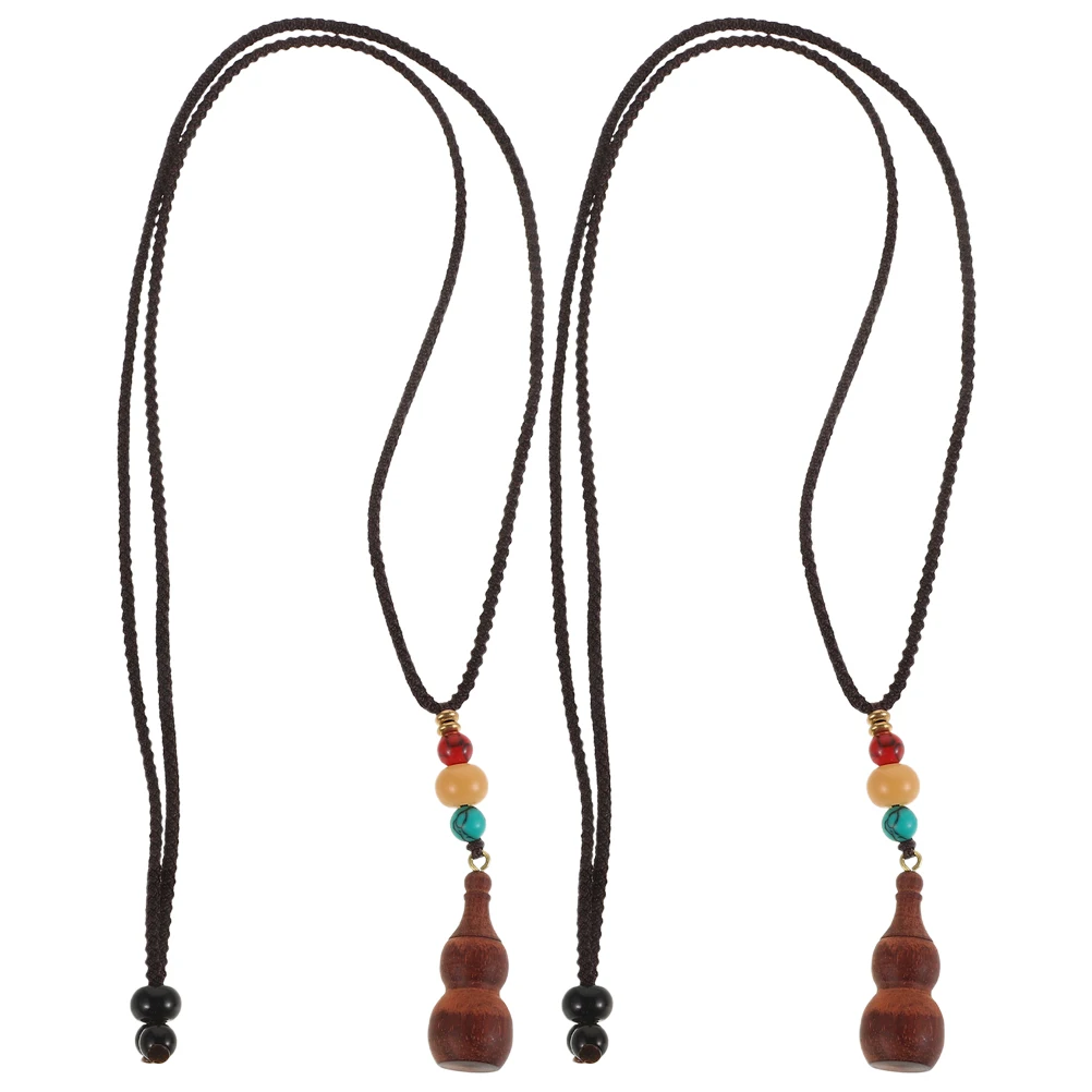 

2pc Fengshui Gourd Pendant Necklace Boho Style Long Ethnic Wooden Sweater Chain Openable Locket Good Luck Charm For Women Travel