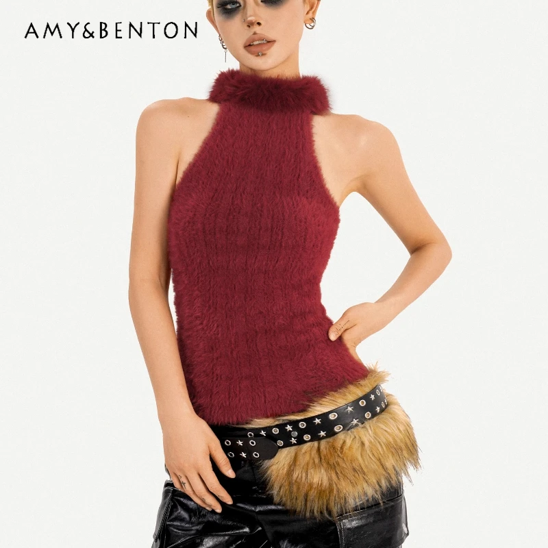 

Retro Design Red Hot Girl High Neck Women's Knitted Top Winter New Slimming Sleeveless Fur Collar Halter Sweater Vest Ladies