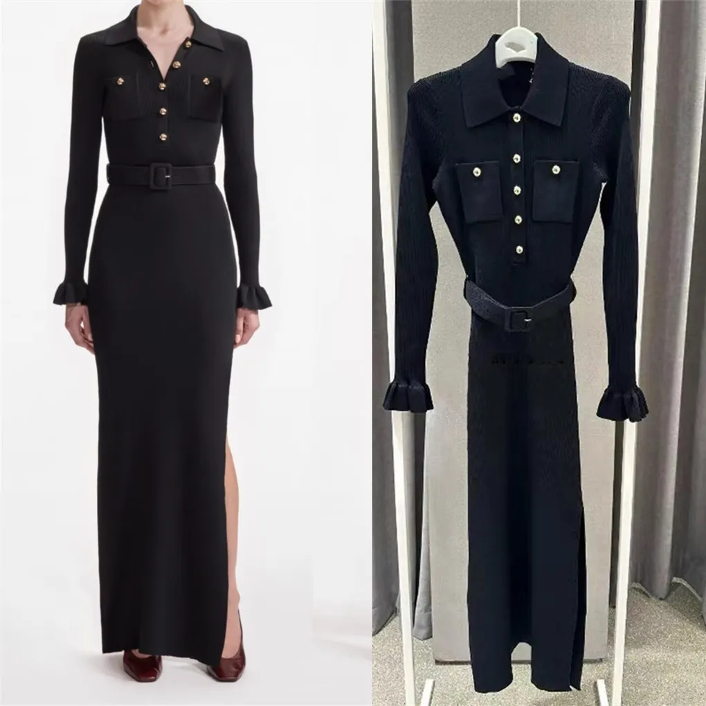 

High-End Version Autumn Winter Bla Long Knitted Dr Casual Sle Button Detail Straight Tube Skirt Commute Friendly