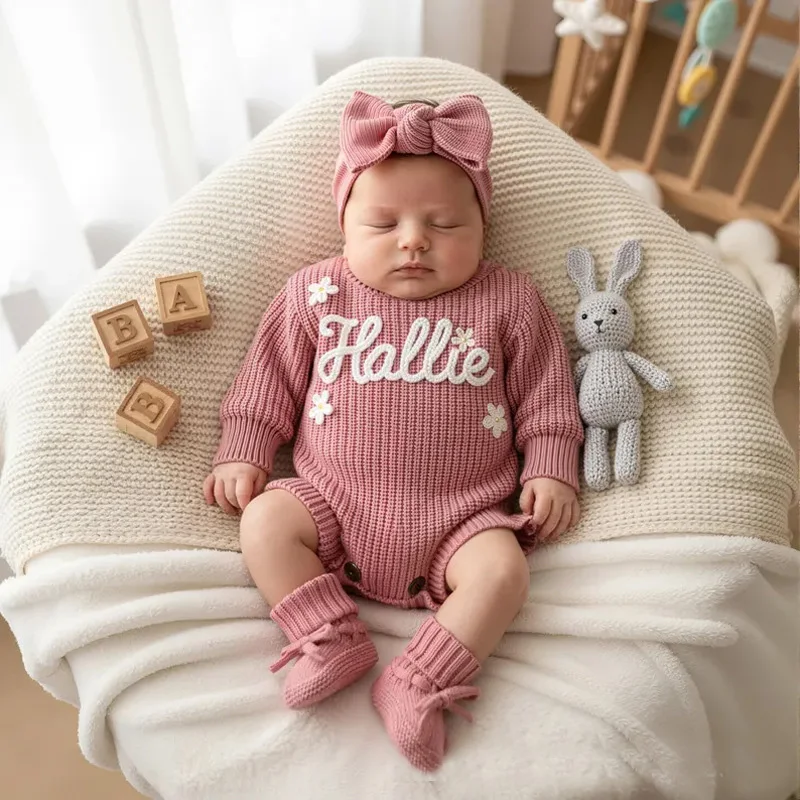Personalized Name Baby Romper Autumn Winter Warm Knitted Sweater Jumpsuit Infant Outfit Hat Socks Set Newborn Clothes Gift