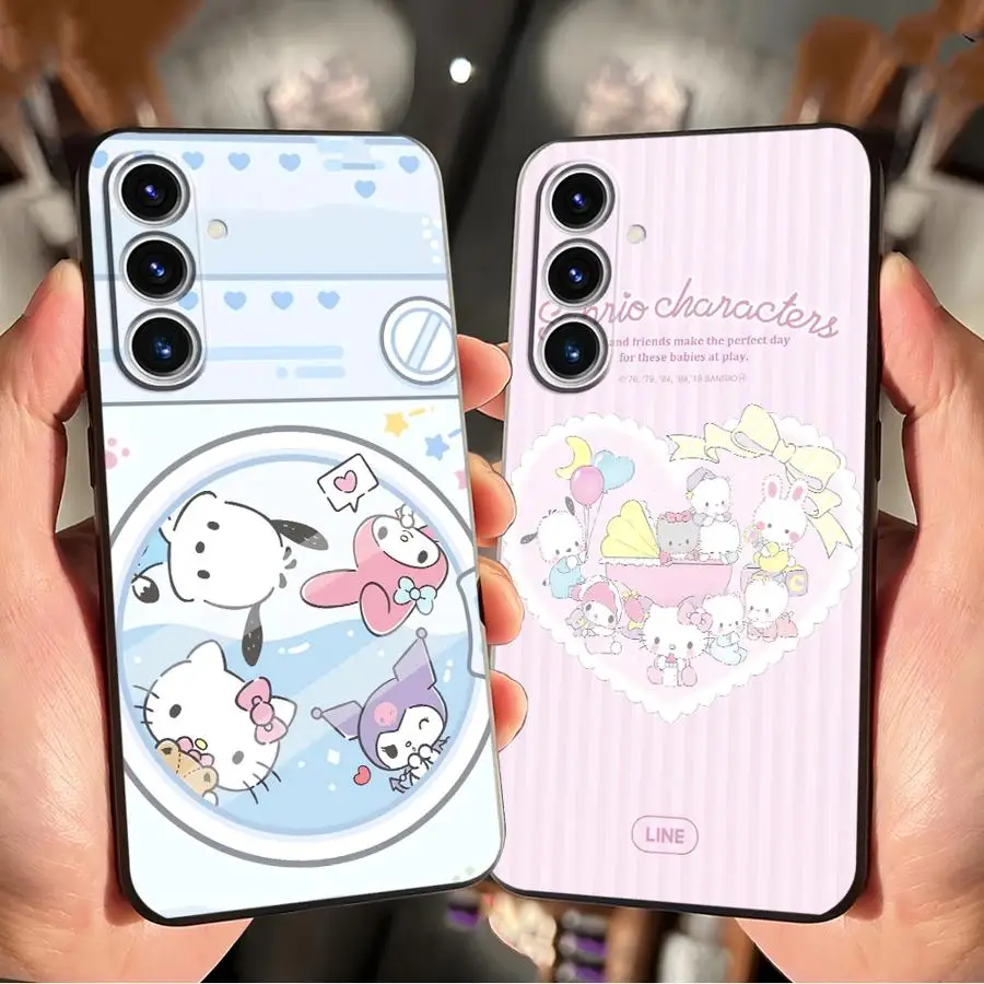 เคสสำหรับ Samsung Galaxy S23 Ultra S20 S21 FE S24 Plus S25 Edge สีดำ เคสนิ่มลายซานริโอสีชมพูน่ารัก