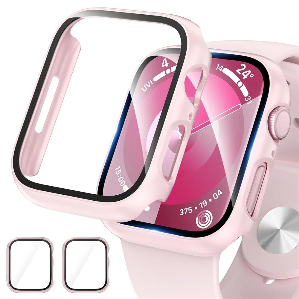 Tempered Glass+cover For Apple Watch 9 8 44mm 40mm 41mm 45mm 42mm 38mm PC bumper Screen Protector Case iWatch series 7 6 5 4 se