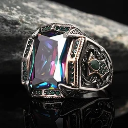 Classic Retro Rainbow Men Rings Silver Color Carving Pattern Signet Steampunk Rings for Men Birthday Gift Party Gothic Jewelry