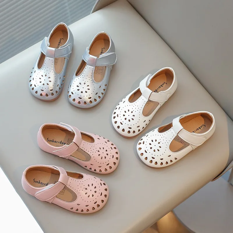 Spring Girl's Casual Shoes Hollow Out Hook-loop Casual Daily Kid's Flat Shoe Solid Colors Ati-slip Comfy Versatile Children Shoe