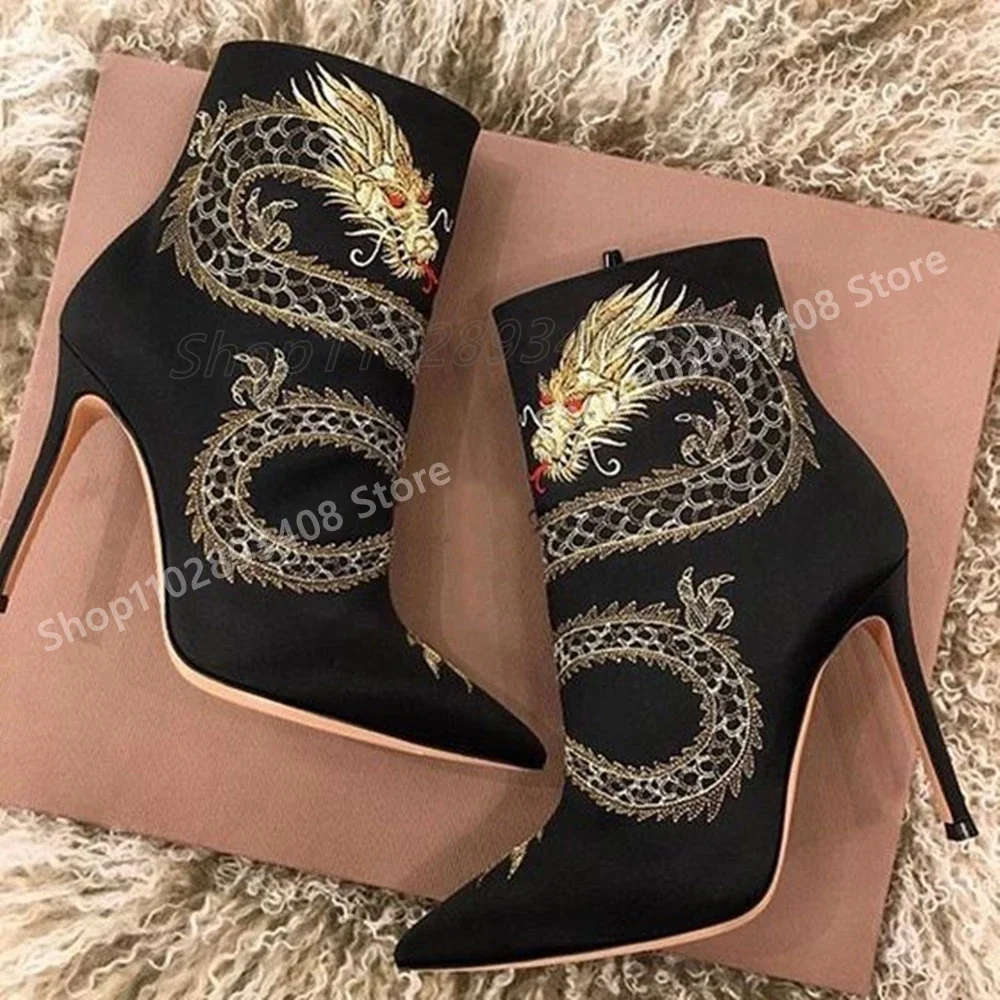 

Pointed Toe Stiletto High Heel Stain Black Dragon Pattern Ankle Boots Runway Style Women Shoes 2025 Spring Zapatos Para Mujere
