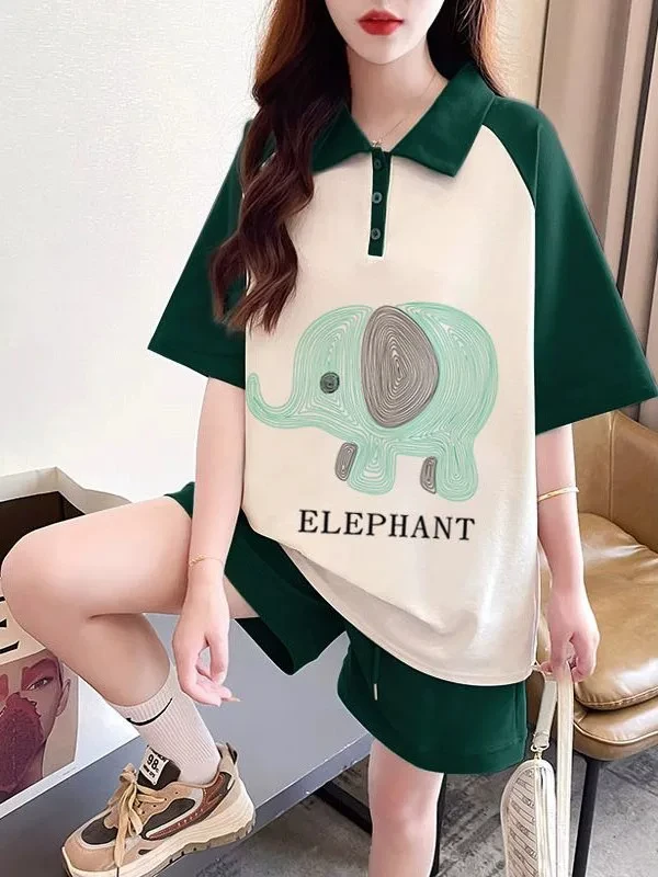 

Large Size Casual Color Block Short Sleeve Shirt Shorts Set Women's Summer Design Sense Two Piece Suit Polyester Fiber