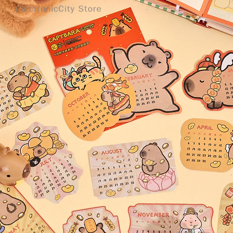 12Sheets Cartoon Heterotypic Capybara Calendar Stickers Hand Account DIY Stickers Cartoon Decorative Stickers Student Stationery