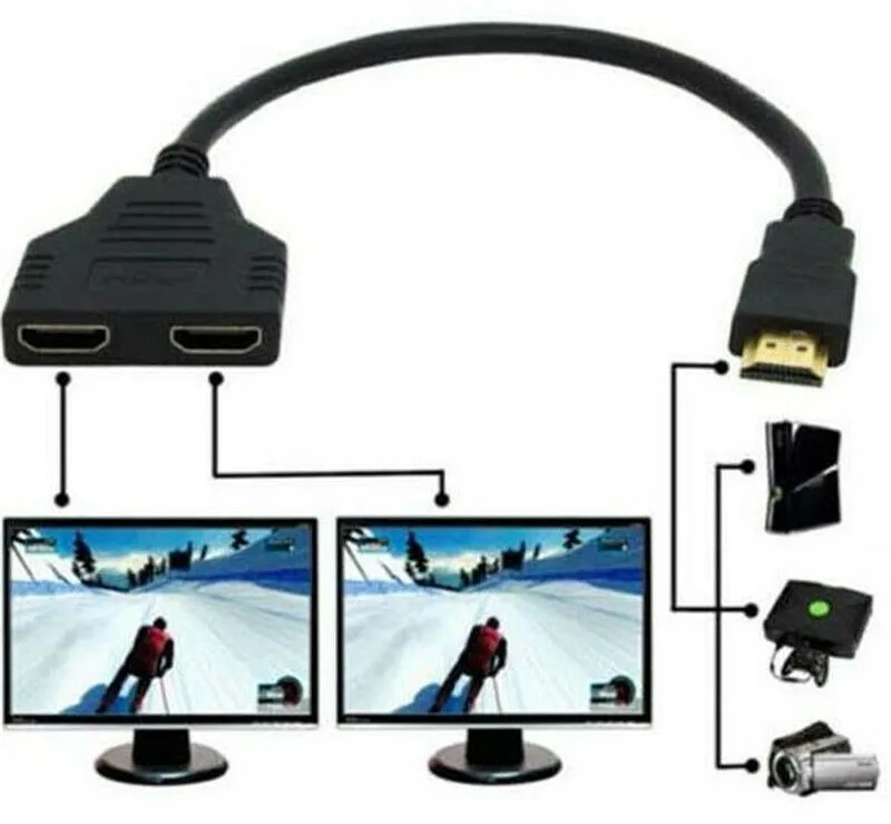 Kompatybilny z HDMI 2 podwójny Port Y Splitter 1080P kompatybilny z HDMI V1.4 1 x męski/2 x żeński kabel Adapter 1 na 2 wyjścia