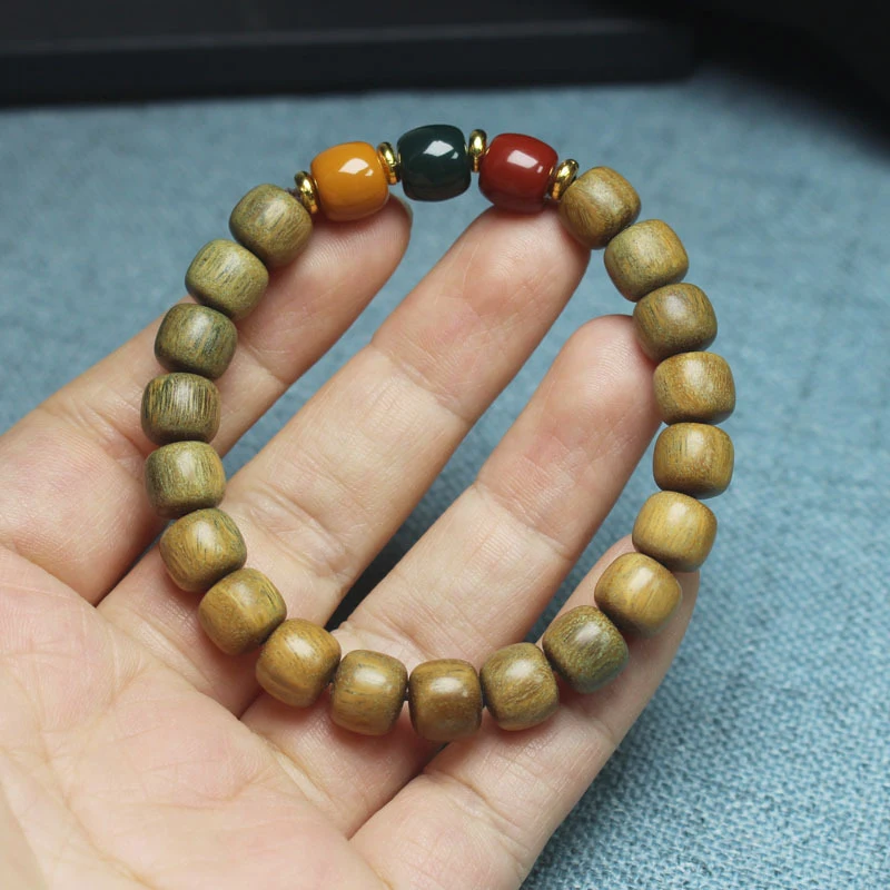 Green Sandalwood Old-Style Bead 9mm Three-Color Buddhist Prayer Beads Unisex Bracelet