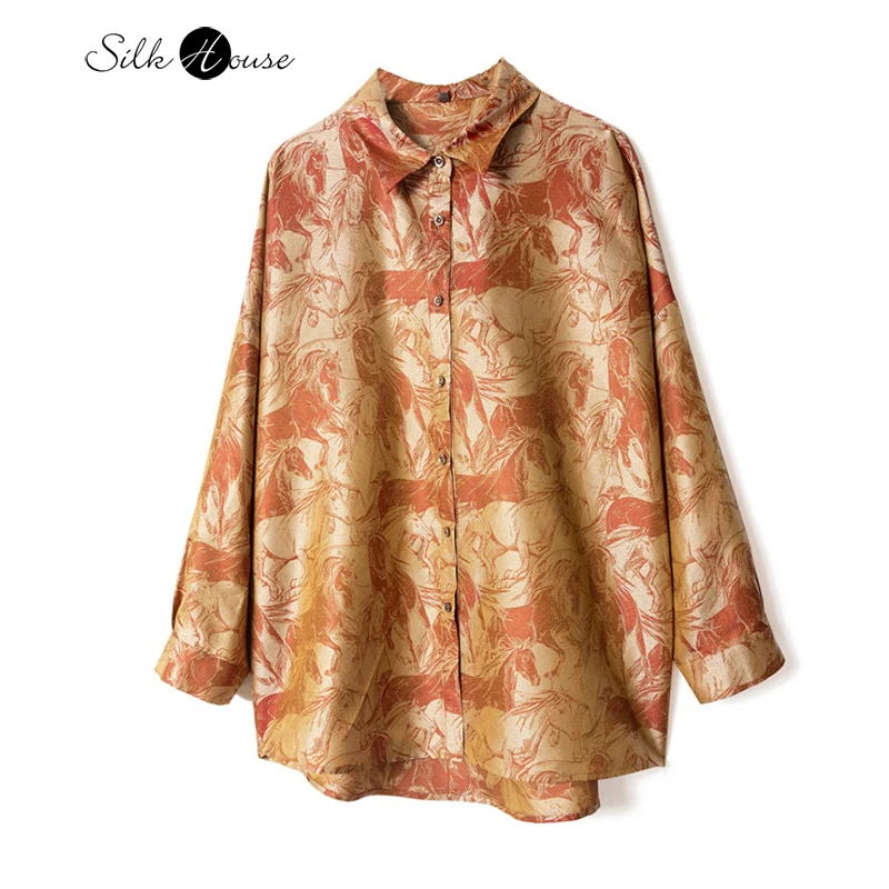 Luxury Women's Clothing 100% Natural Mulberry Silk Song Brocade A Thousand-li Horse Printed Turn-down Collar Long Sleeved Shirt