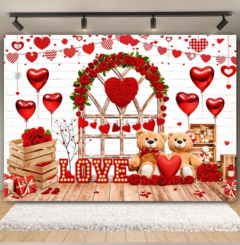 February 14 Valentine's Day Backdrop Photography Red Love Heart Flower Toy Bear Wedding Party Valentine Photo Background Decor