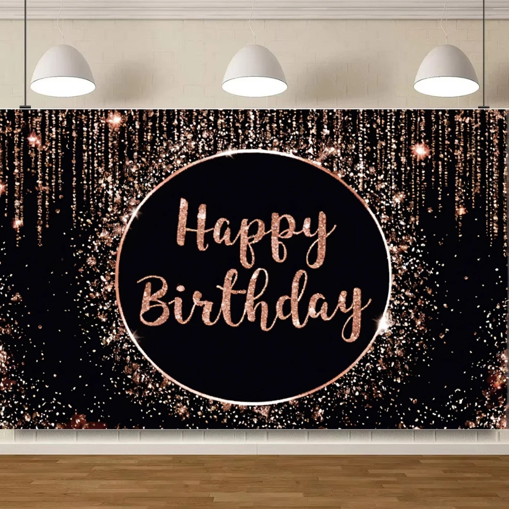Pink Gold Black Happy Birthday Background Rose Gold Glitter Balloon Birthday Decoration Party Decor Home Photography Backdrop