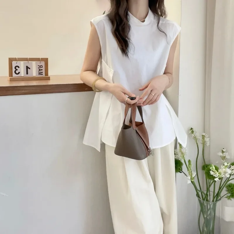 

Women's Sleeveless Stand Collar Shirt Summer New Loose Fit Asymmetric Hem Casual Blouse