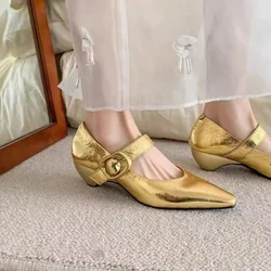 Golden Heels Women 2024 Autumn New Exquisite and Elegant Women's Pumps Comfortable Shallow Mouth Low Heels Shoes Zaptos Mujer