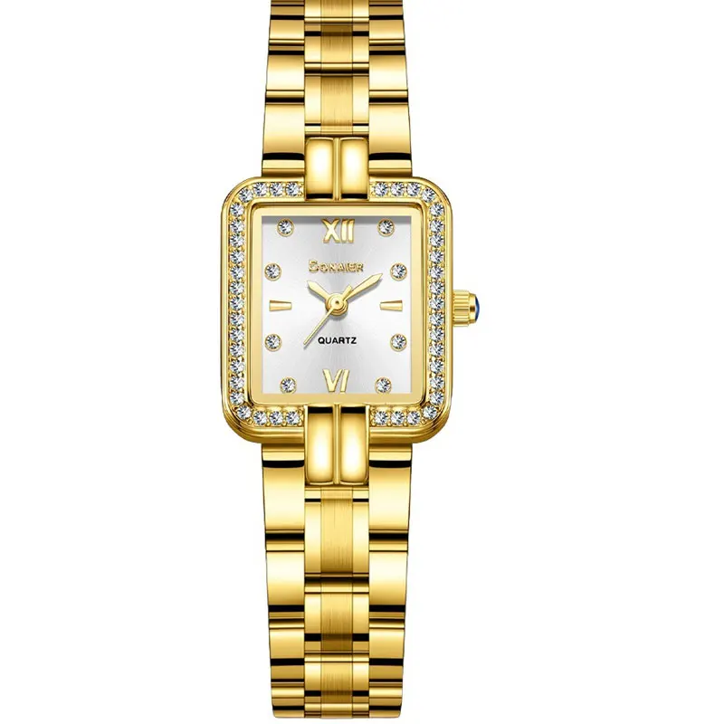 Classic Rectangular Alloy Quartz Watch for Women's Steel Strip Waterproof Luxury Rhinestone Elegant Clock Reloj Mujer